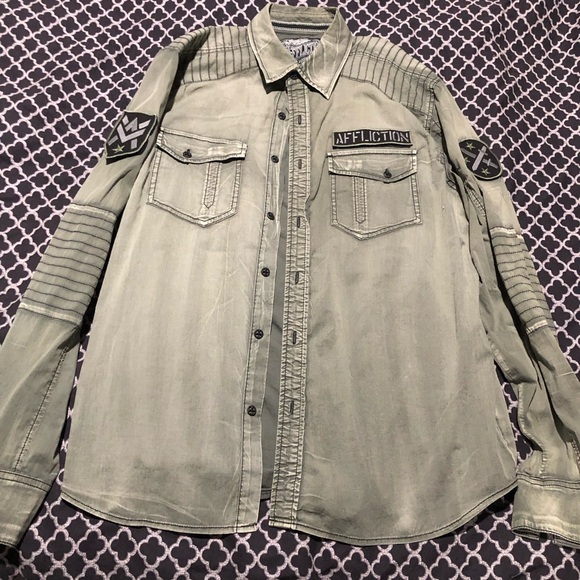 Affliction X Buckle Premium Military Button Patches USA Green Shirt Large S9